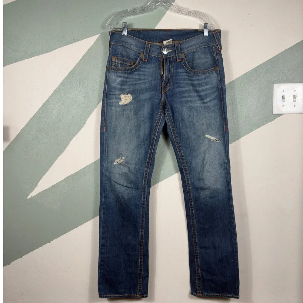 True Religion Bobby Jeans Mens 31 Blue Distressed Straight Leg Denim Pants